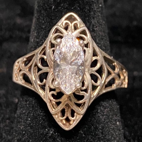 Ring Marquis CZ Cubic Zirconia 10mm x 5mm Filigree Vintage Jewelry Sterling Silv - Picture 3 of 16